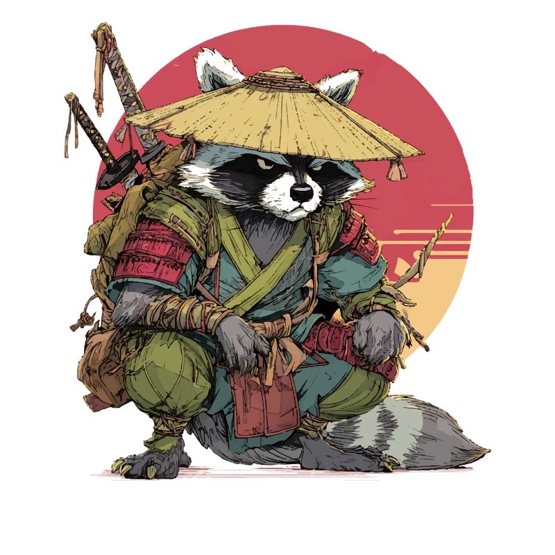 Raccoon Samurai with Straw Hat