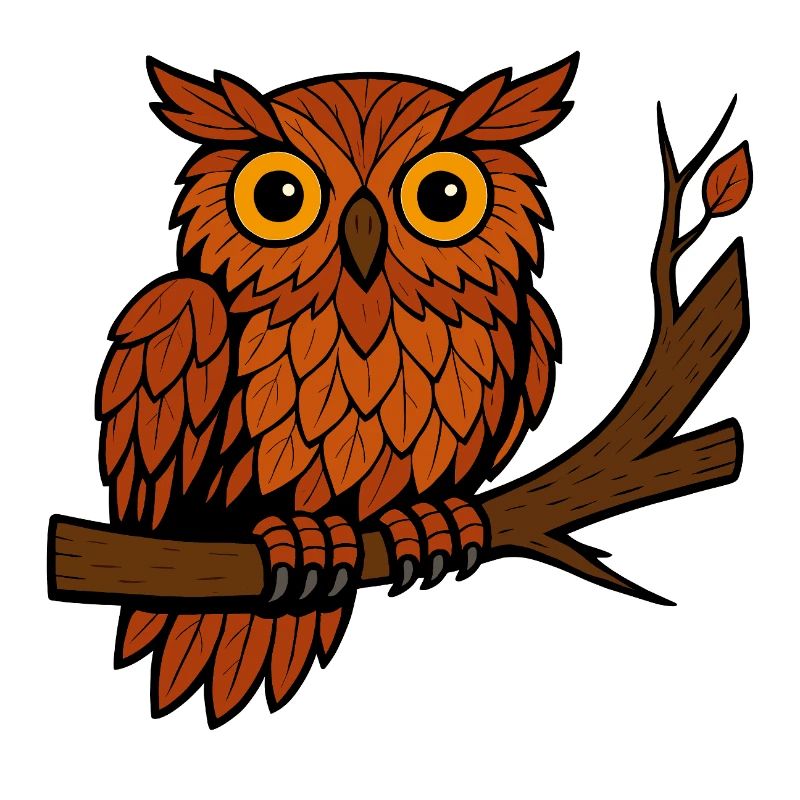 Comic Owl Autumn Forest Foliage Leaves Branch Tree Feather