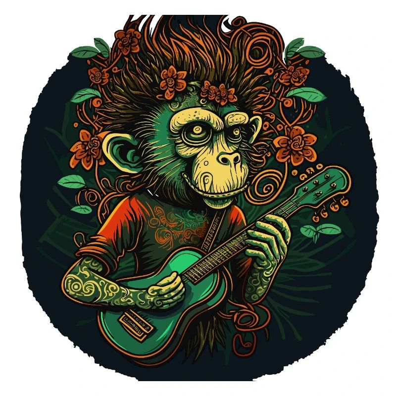 Monkey with guitar in the jungle