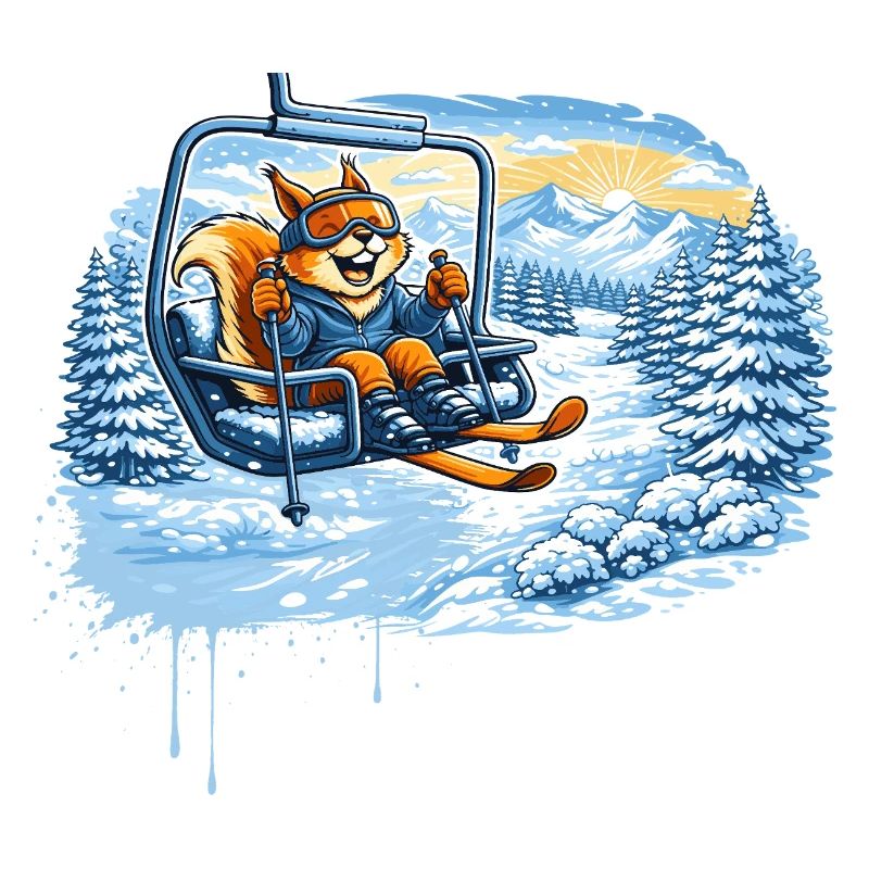 Lustiges Eichhörnchen im Skilift –Winterspaß Motiv