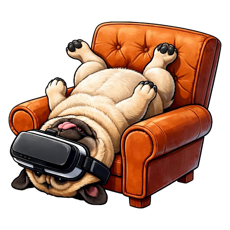 Mops mit VR Brille im Sessel
