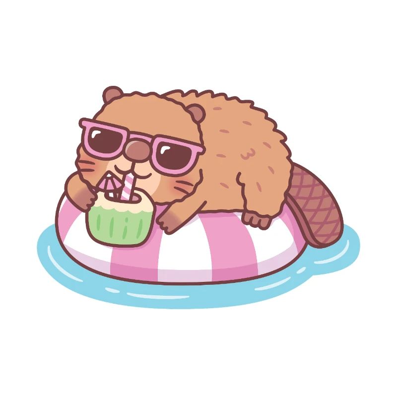 Cute Beaver Chilling On Pool Float With Coconut