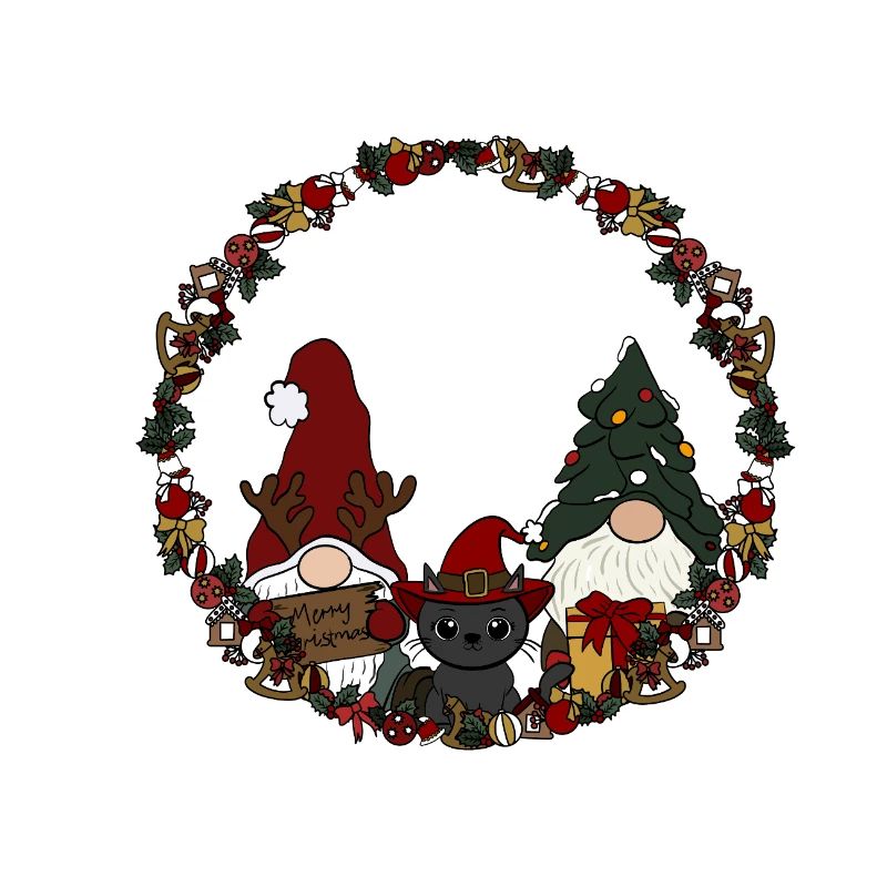 Wichtel mit Katze  im Weihnachtskranz