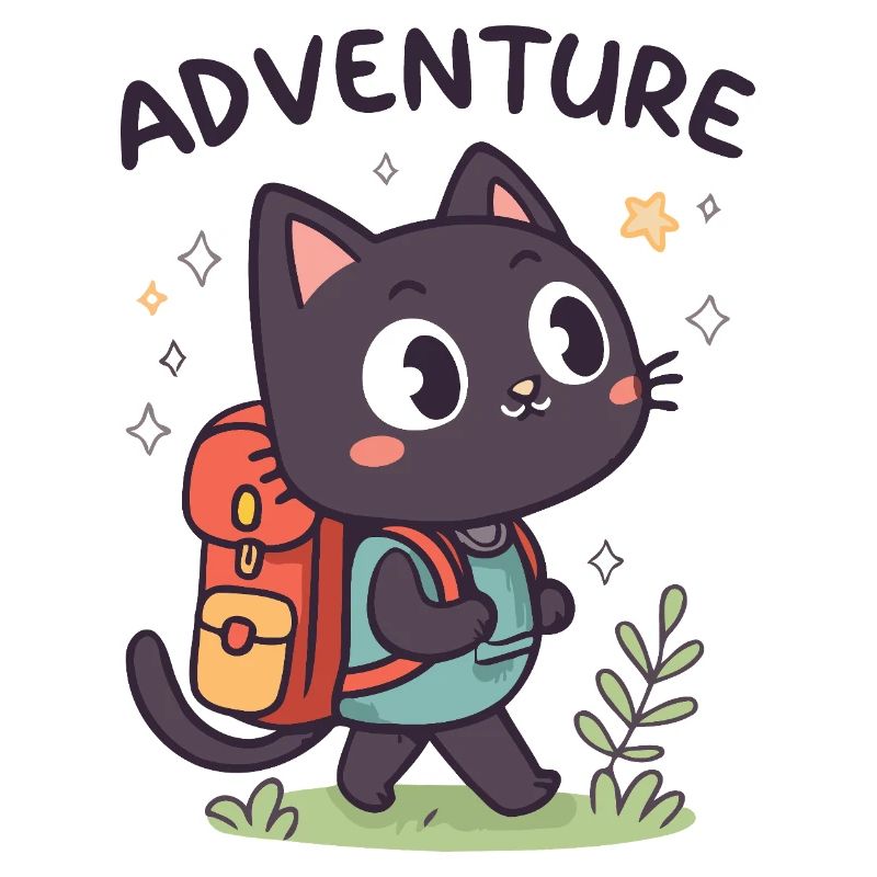 Adventurous Black Cat with Backpack