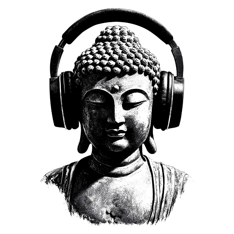Buddha mit Kopfhörern Achtsamkeit Musik Boho Zen