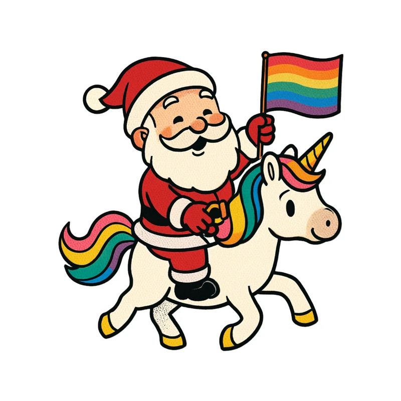 Süßer Weihnachtsmann reitet Einhorn mit Regenbogen