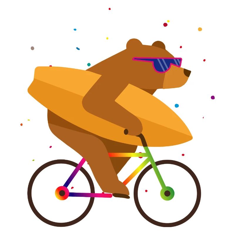 Bear on bicycle with surfboard and sunglasses