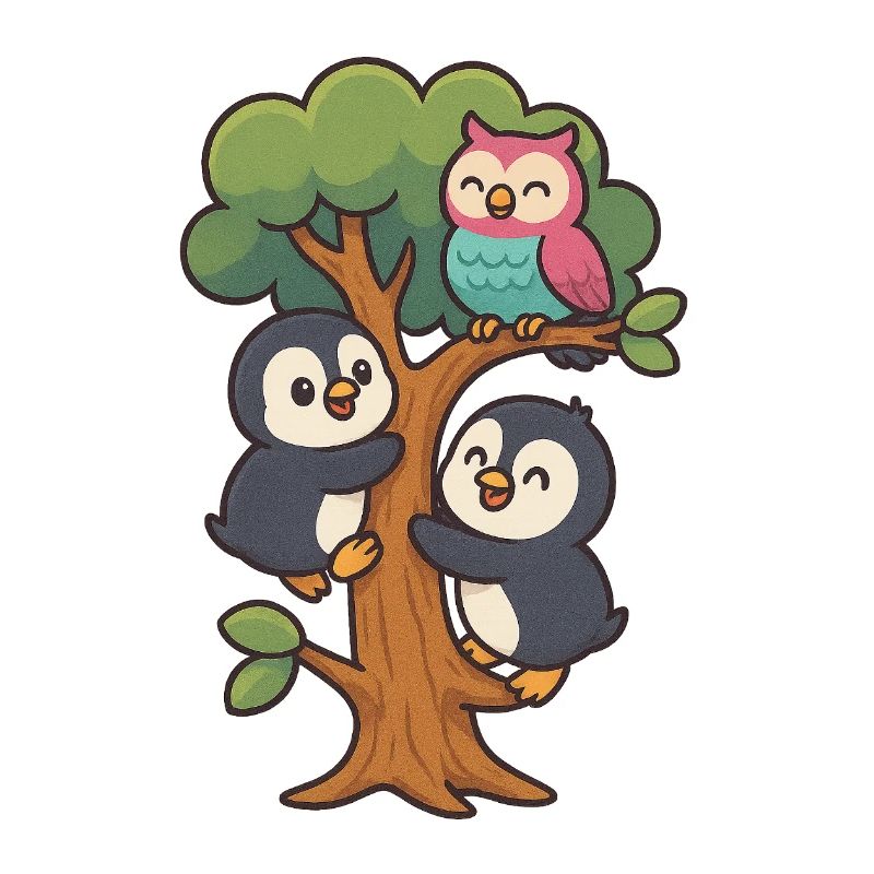 Pinguinbabys klettern auf einen Baum, Eule macht mit