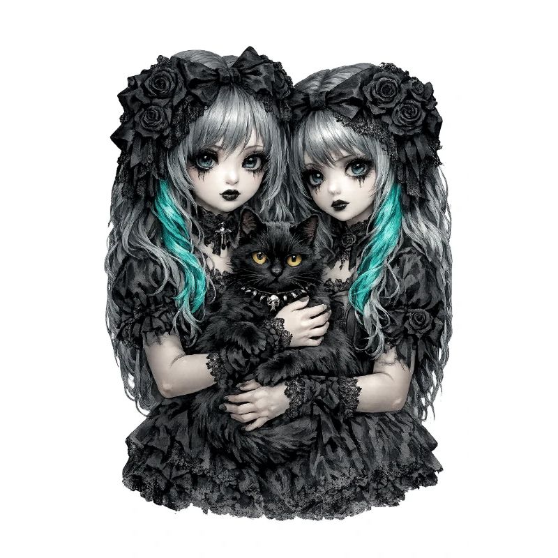Gothic twins and black cat