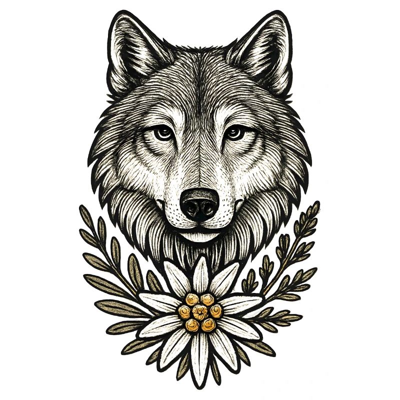 Wolfkopf mit Blumenkranz
