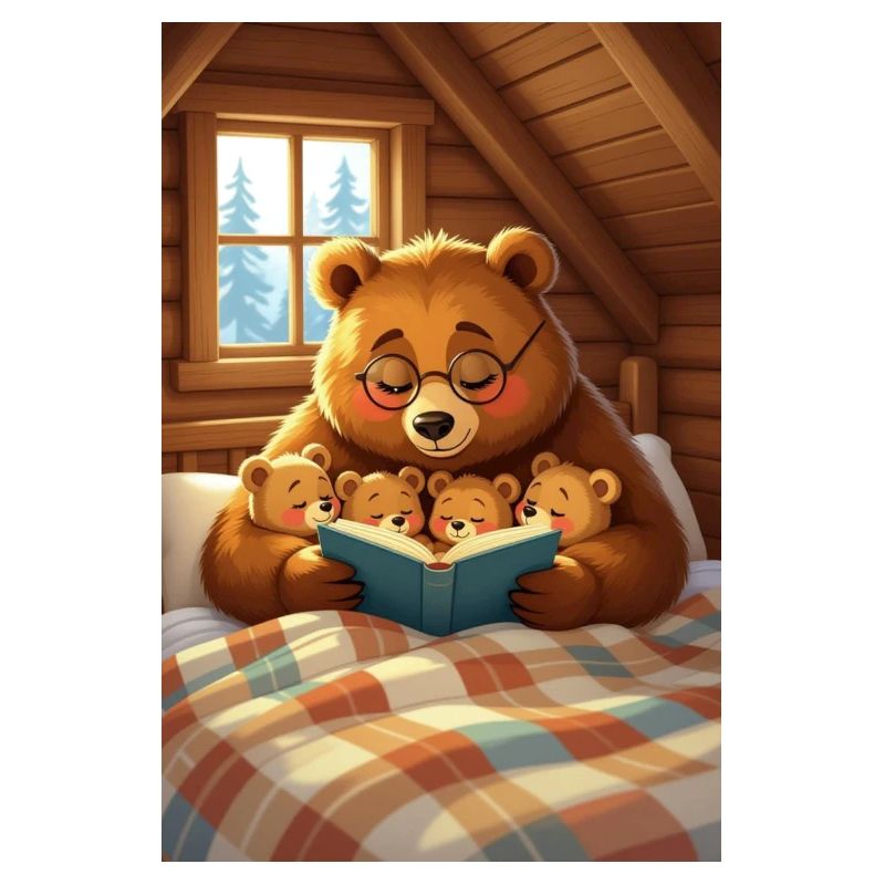 ours lisant avec petits ours en intérieur