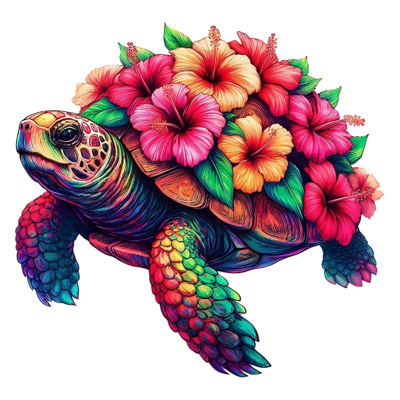 Turtle with Hibiscus Flowers