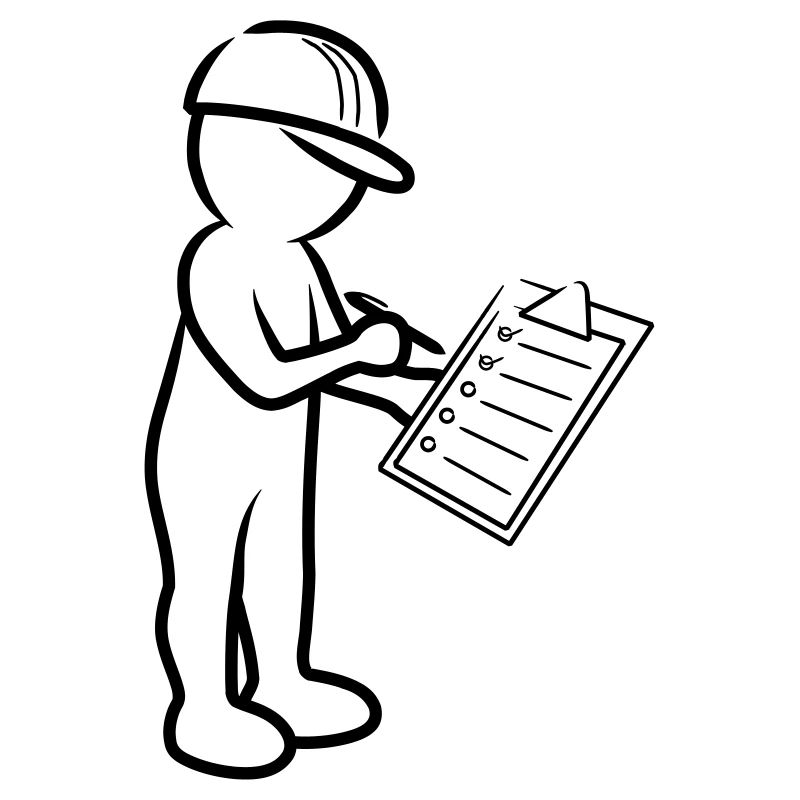 Männchen mit Helm und Checkliste auf Baustelle
