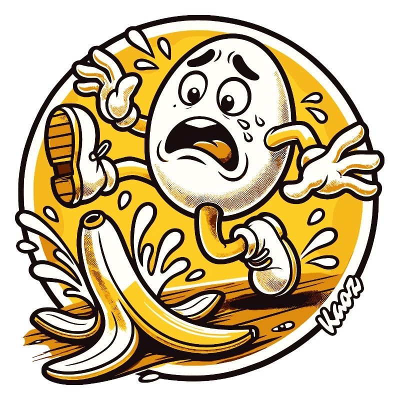 Comic egg slips on banana peel
