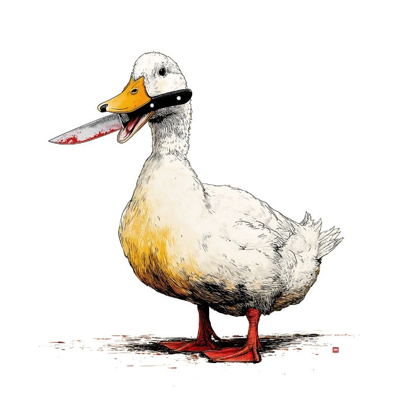 Ente mit Messer im Schnabel