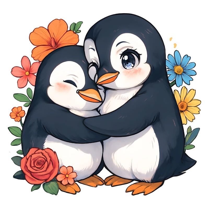 Cuddly penguins in the flower circle