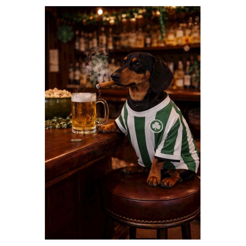 Dackel im Pubtrikot mit Kleeblatt