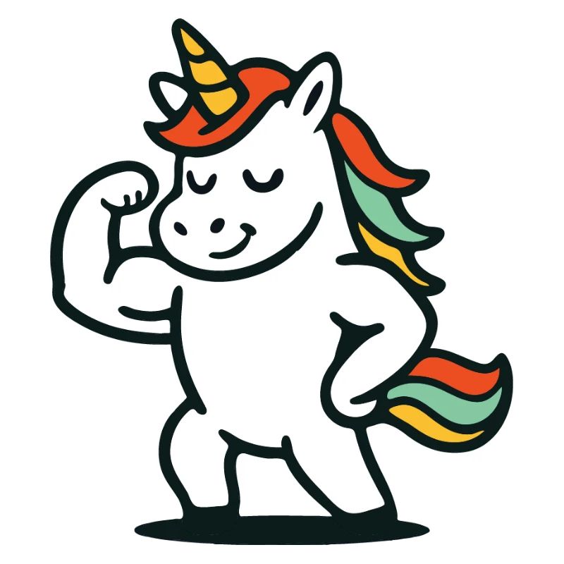 Niedliches flexendes Einhorn mit buntem Mähnen-Maskottchen