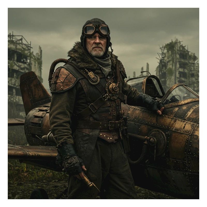 Pilote steampunk sur ruines postapo