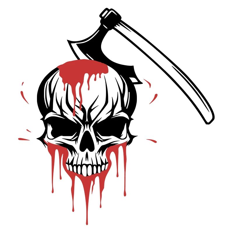 Bloody skull split by an axe