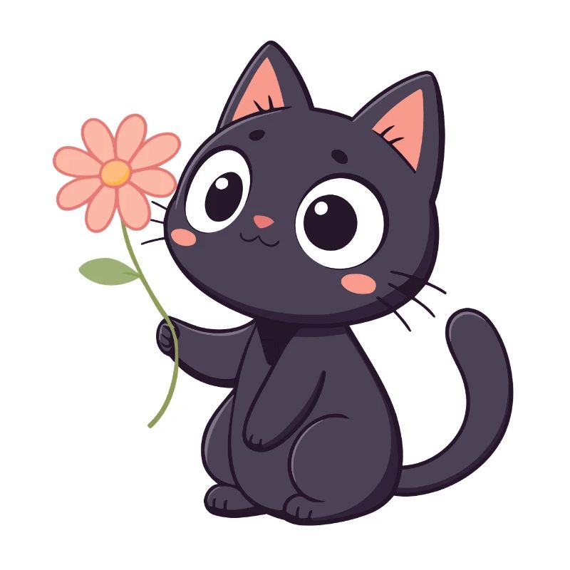 Kawaii Schwarze Katze mit Blume
