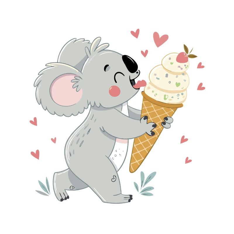 Koala gourmand et glace coeurs
