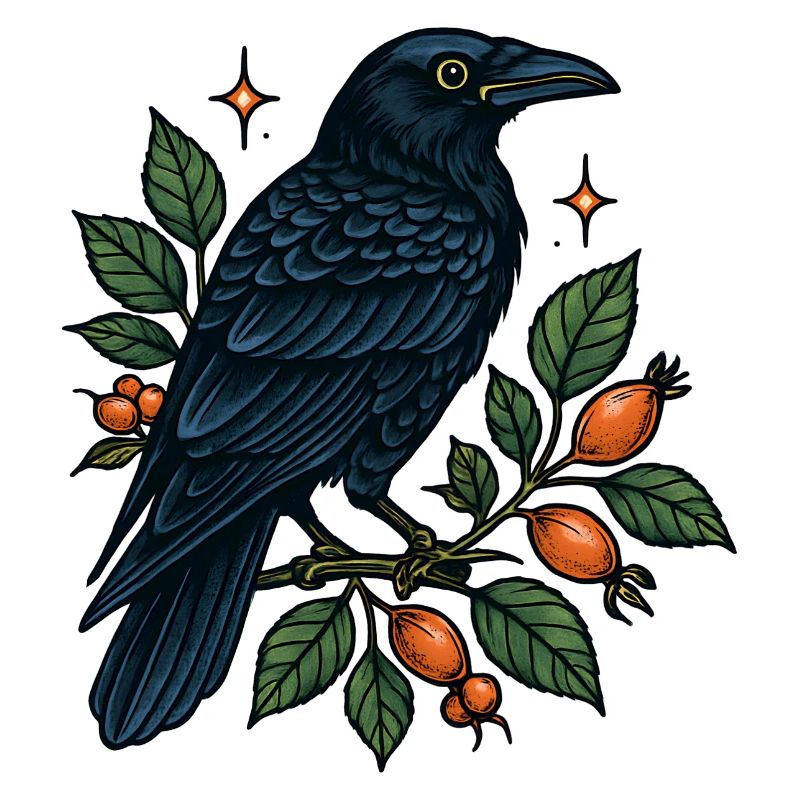 Midnight blue crow on the berry branch