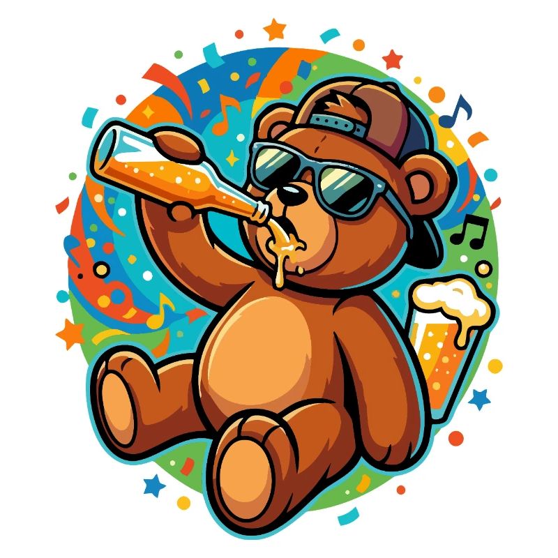 Beer bear with sunglasses Party drinking and confetti