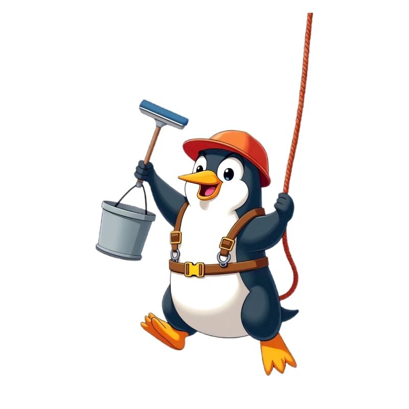 Penguin cleaning windows - Abseiling down