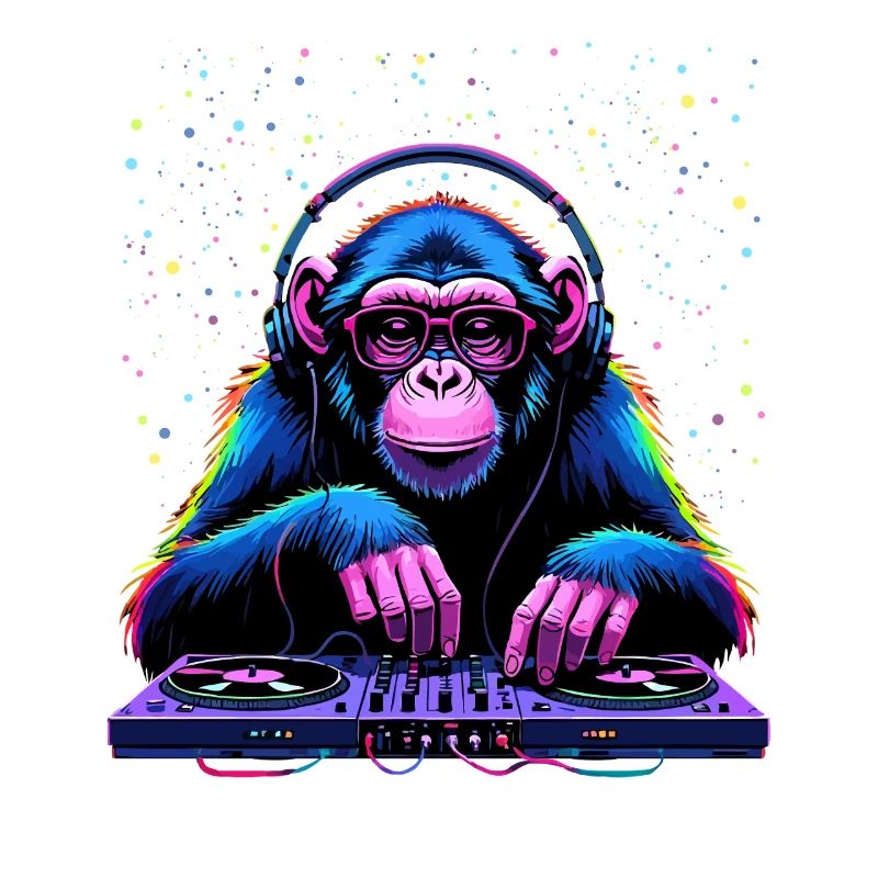Bunter DJ-Affe mit Kopfhörern und Brille