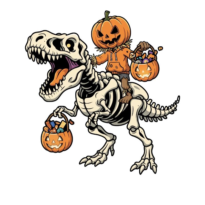 Vogelscheuche reitet Skelett T-Rex Halloween Dinos