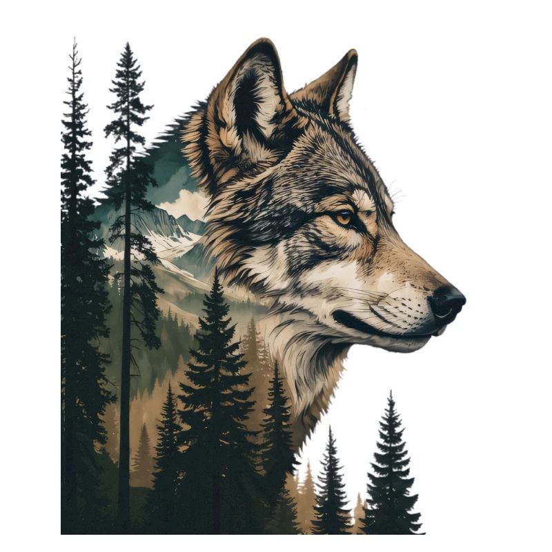 Waldwolf Portrait mit Bergen