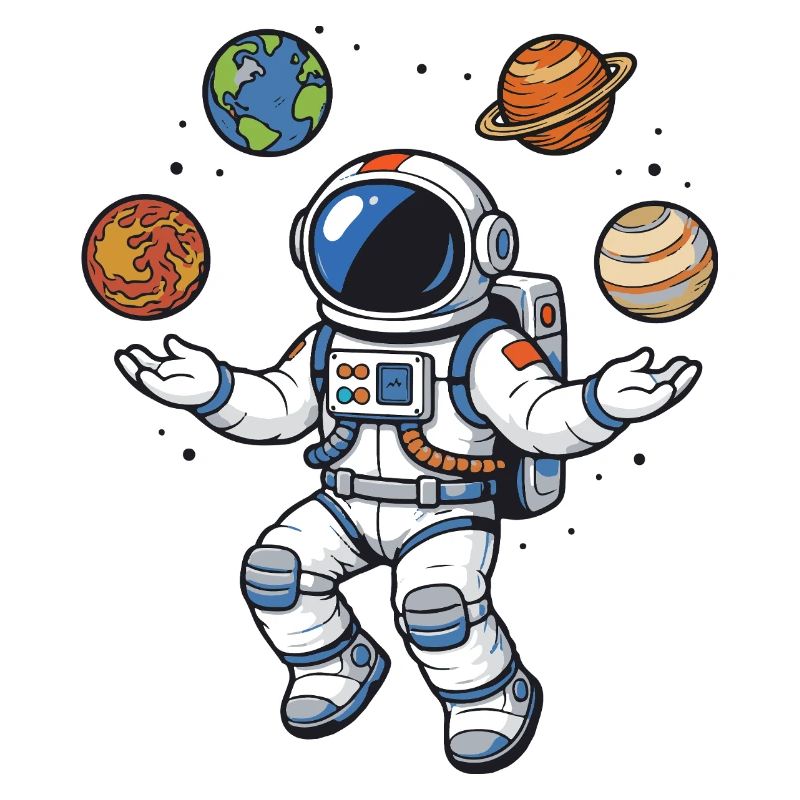 Schwebender Astronaut mit Planeten im Comic Stil