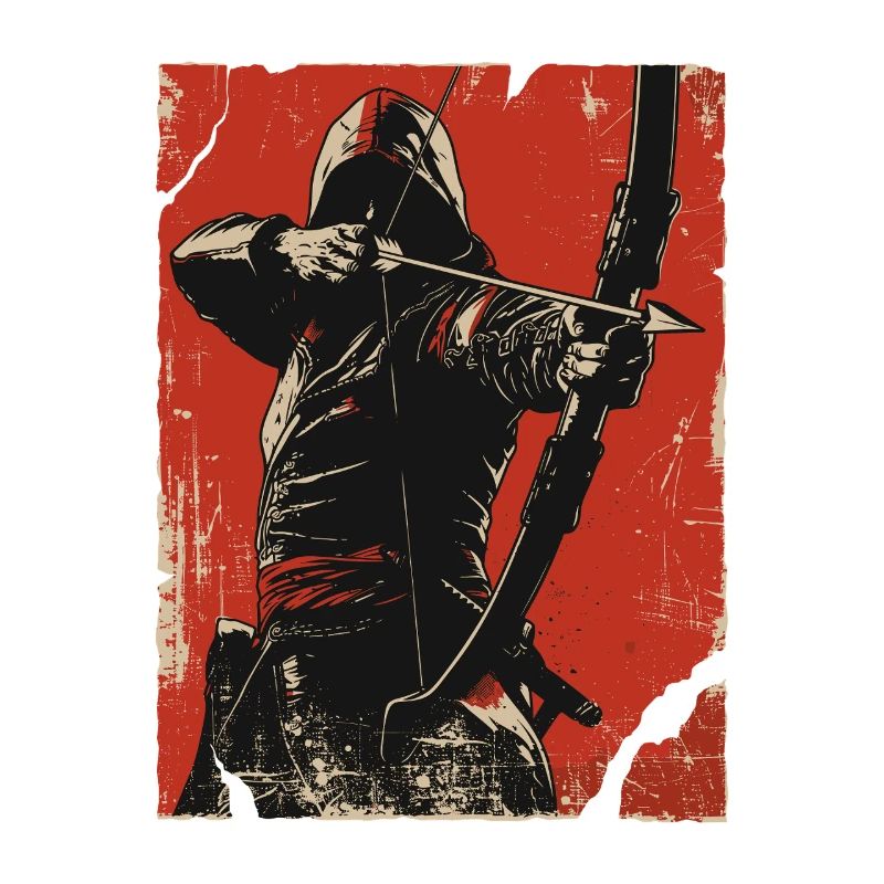 Hooded archer on red background