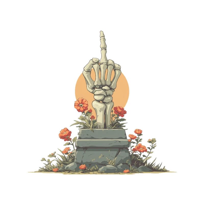 Stèle de la main squelettique avec des fleurs