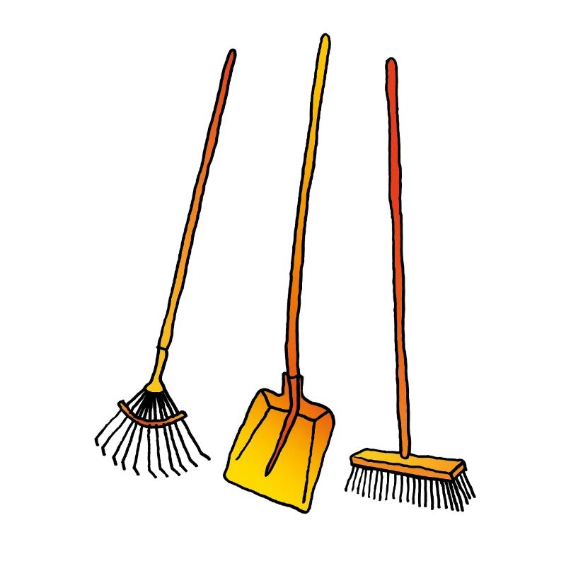 Leaf rake, shovel and broom