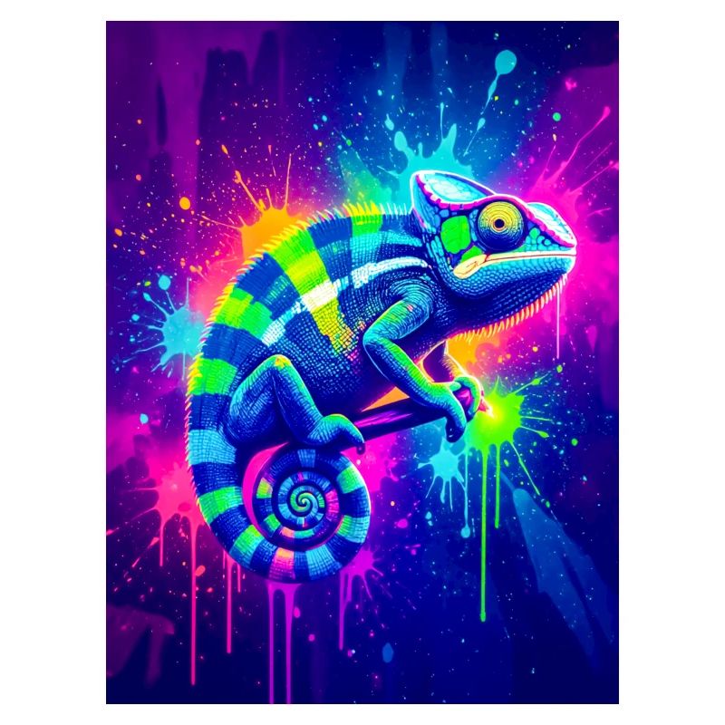 A neon chameleon bursts into shifting waves 