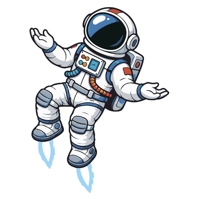 Schwebender Comic Astronaut mit Raketenantrieb