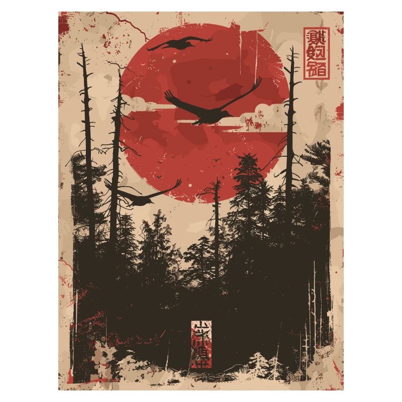 Red Sun Forest Ukiyo-e Forest Landscape