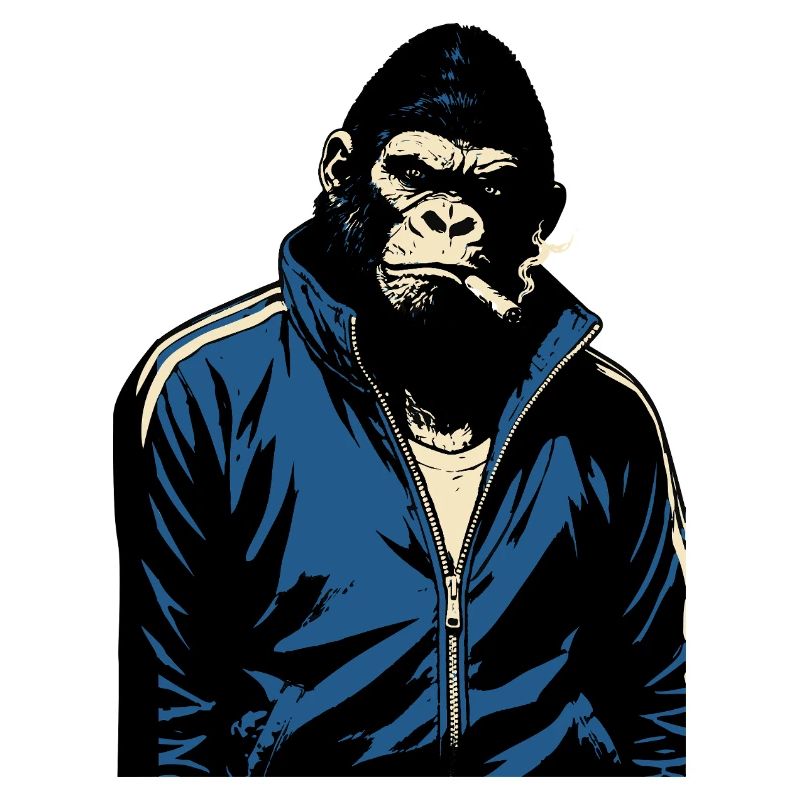 Gorilla in Blue tracksuit smoking a cigar
