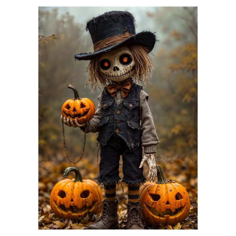 Spukvogelscheuche mit Kürbislaternen