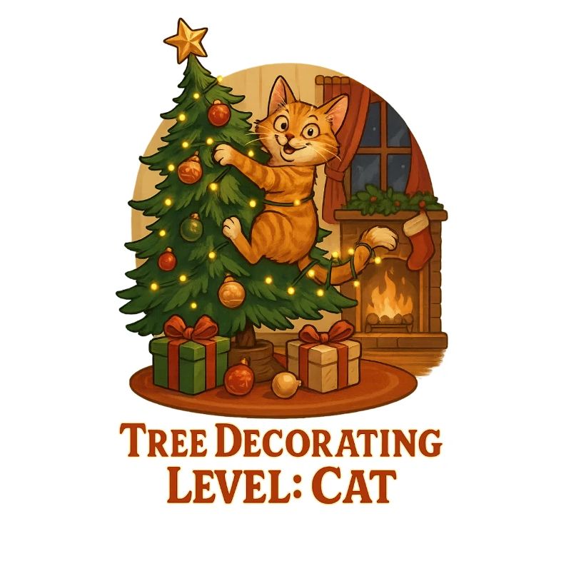 Le chat décore le sapin de Noël