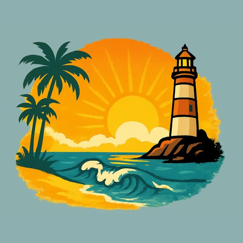 Sunset with lighthouse on tropical beach