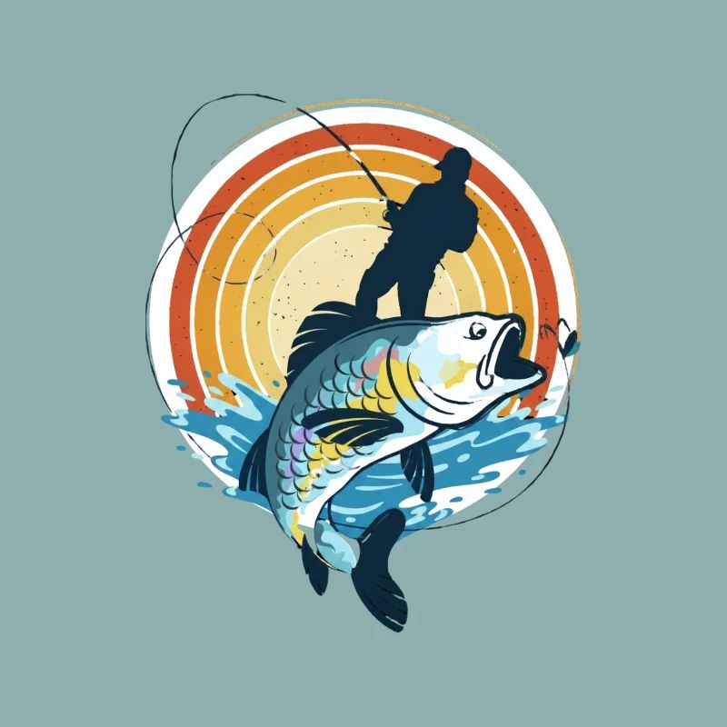 Pêcheur et poisson géant dans le cercle du soleil