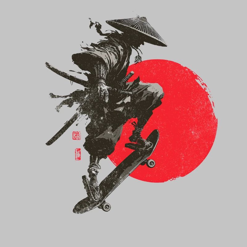 Silhouette eines Samurai-Skaters mit roter Sonne