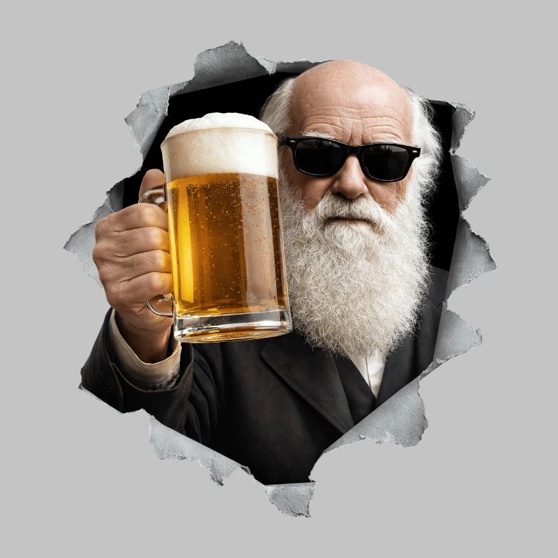 Charles Darwin holds a beer