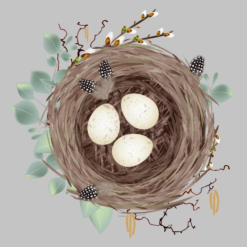 Vogelnest oder Osternest mit drei Eier und Federn