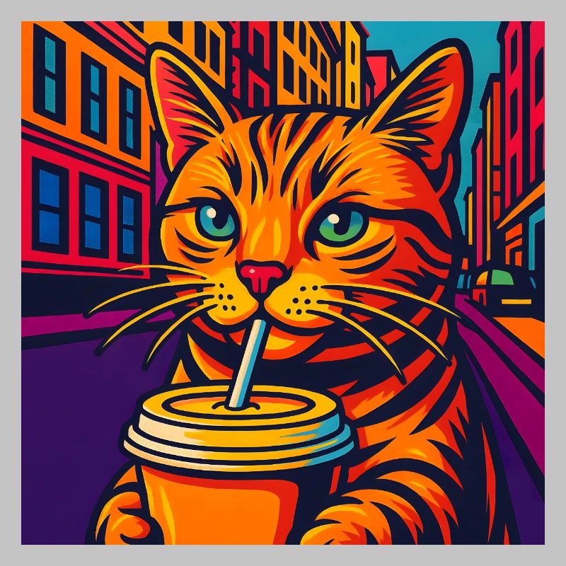 Chat urbain dynamique avec boisson, aime les chats