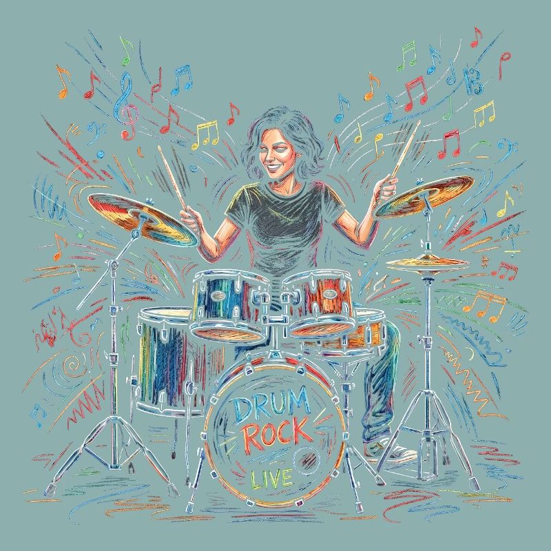 Female Drummer Playing Drum Set Drawing Print