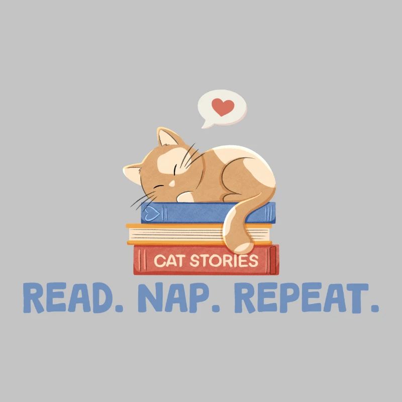 Katze auf Büchern mit Spruch Read. Nap. Repeat.